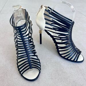 Chanel Caged CC Gladiator High Heel Peep Toe Sandals Black & Ivory Leather EU 41